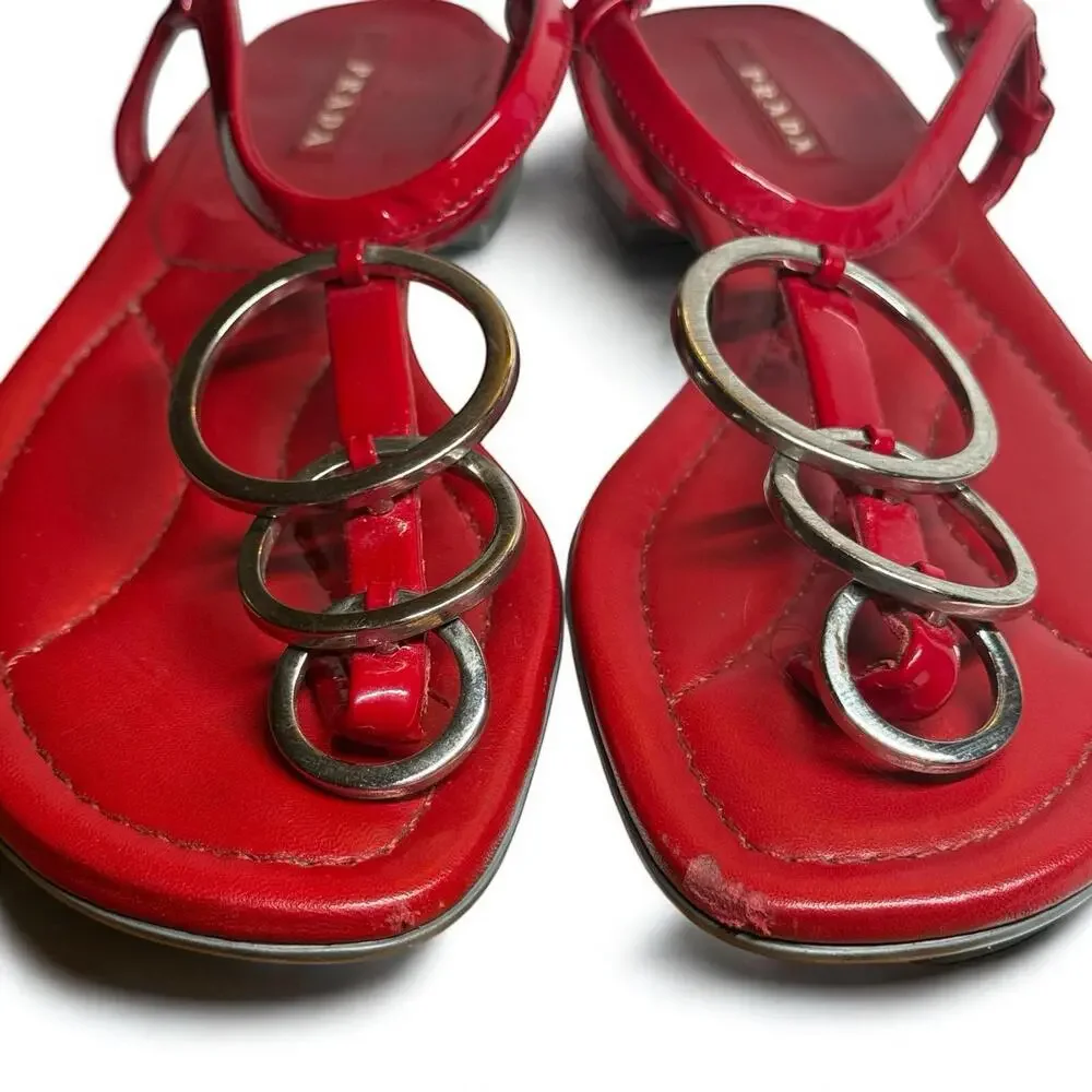 Prada Women’s Flat Sandals Red Slingback Patent Leather Sz 36 US 6 Made In Italy - Picture 4 of 9